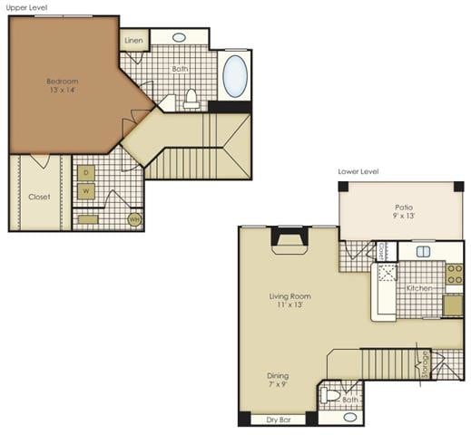 Floor Plan - One Bedroom Townhome 1A2TAG-1A2TAGU-2A2TAGU