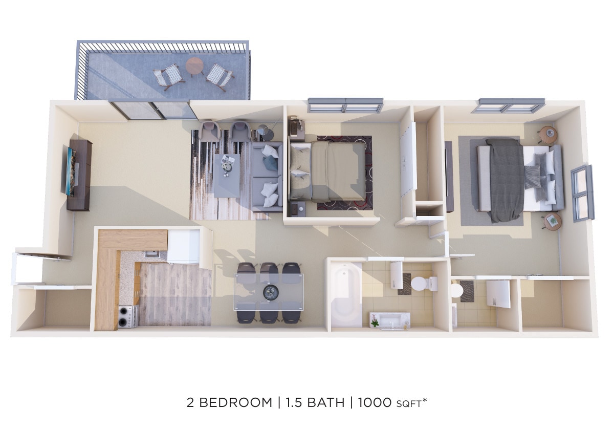Floor Plan - Two Bedroom 1.5 Bath - 1,000 sqft