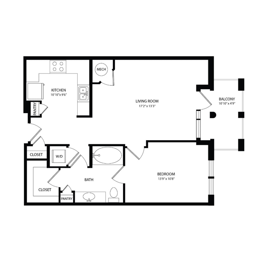 Floor Plan - 1 Bedroom, 1 Bath 738 SF A2A