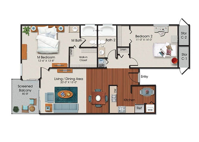 Floor Plan - Two Bed Two Bath - B2