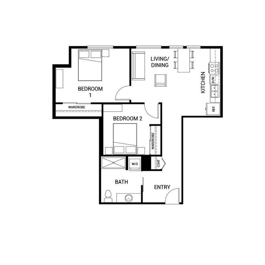 Modern floor plan featuring 2 spacious bedrooms, an open living and dining area, a fully equipped kitchen, and a conveniently located bathroom. - B1