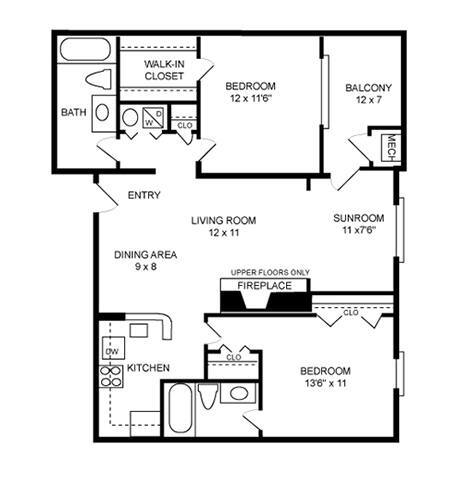 Floor Plan - 2 Bed + Sunroom, 2 Bath 1090 SF, 22b