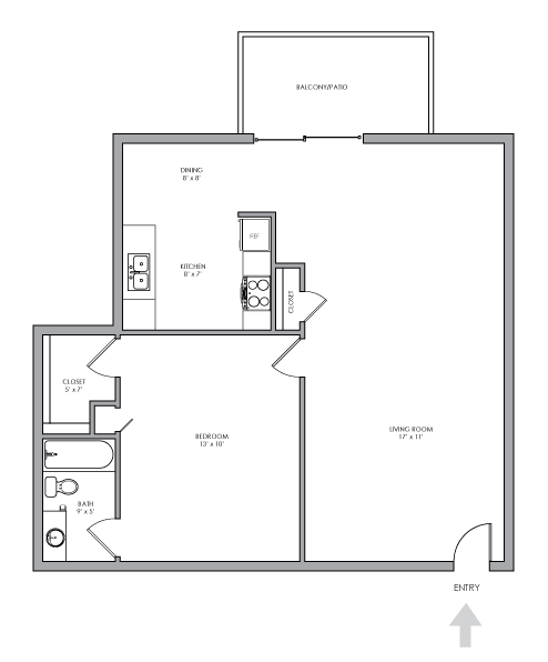 One-Bedroom, One-Bathroom 2D Floor Plan Layout - 1x1