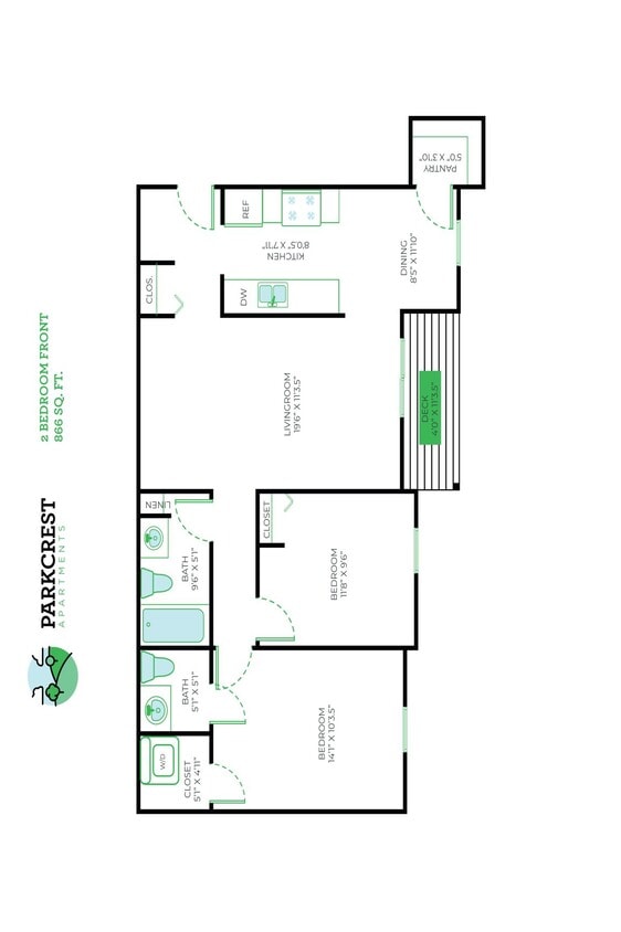 Floor Plan - 2 Bed, 1.5 Bath - 866 sq ft