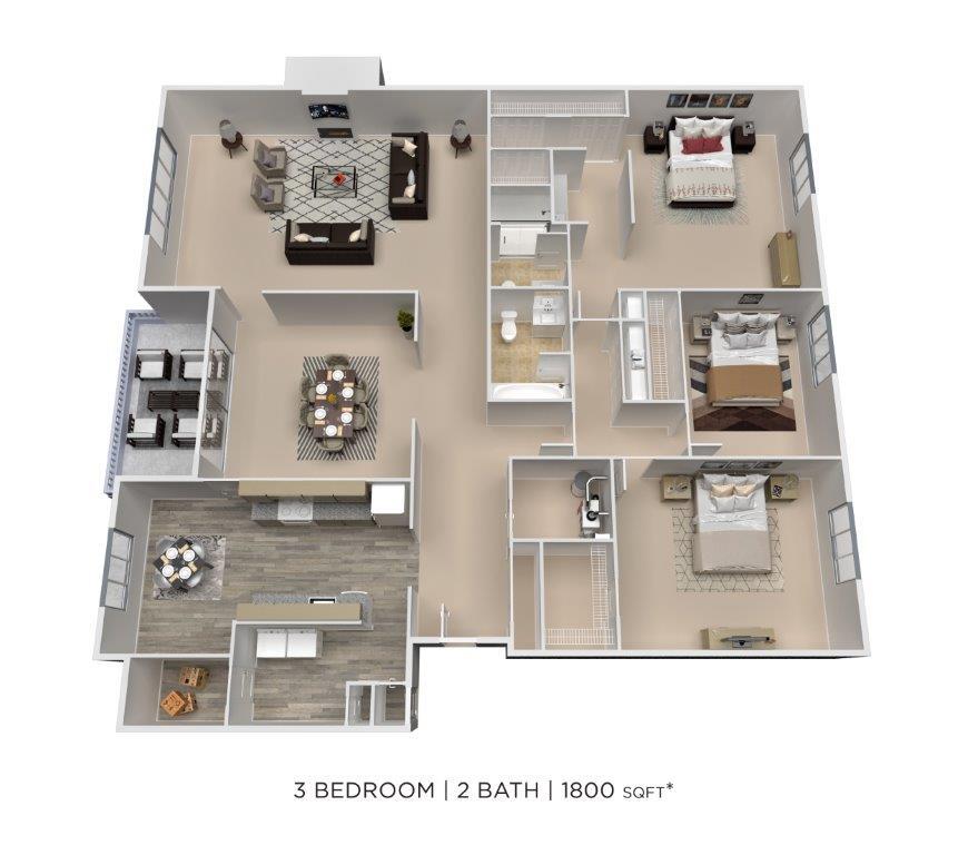Floor Plan - Three Bedroom 2 Bath - 1,800 sqft