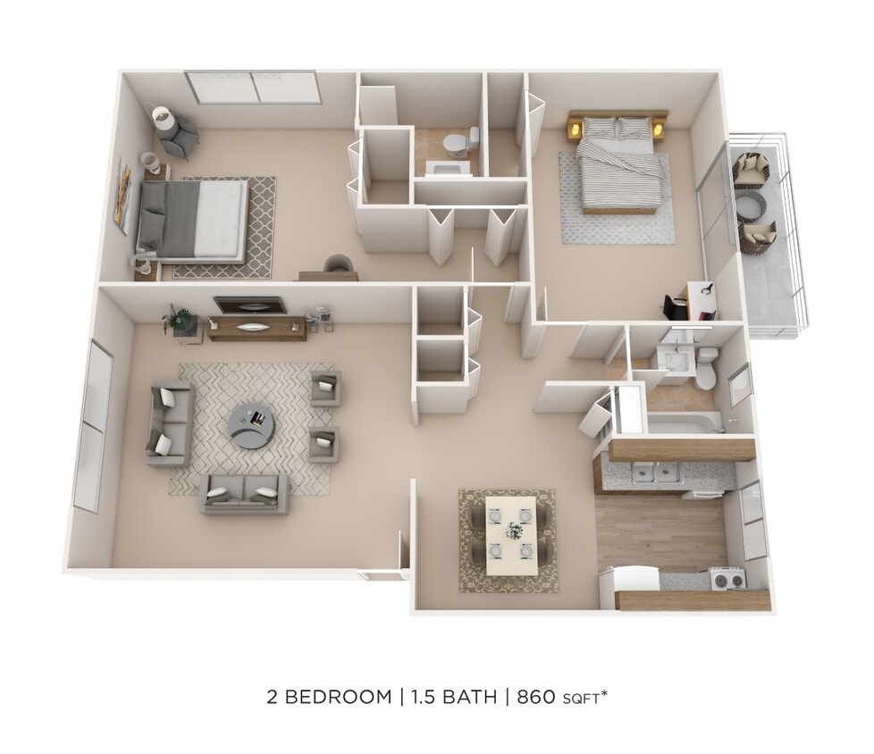 Floor Plan - Two Bedroom 1.5 Bath-860 sqft