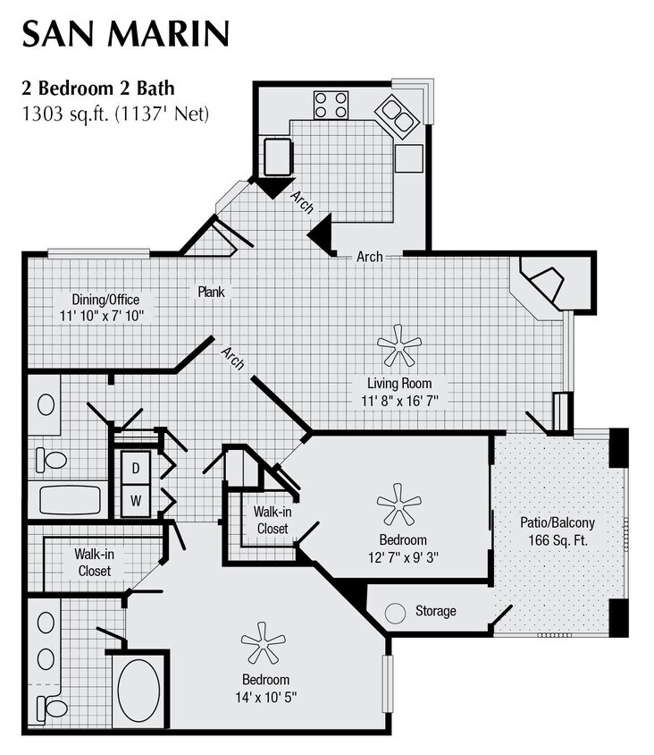 Floor Plan - 2 Bed 2 Bath 1303 SqFt (1137 Net)