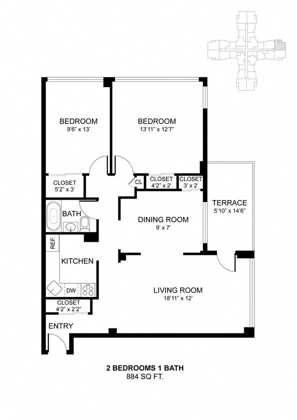 Floor Plan - 2 Bdrm 884 Sq Ft 