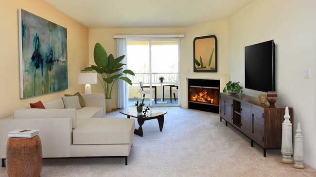 Living Room with Fireplace and Private Balcony - Westside