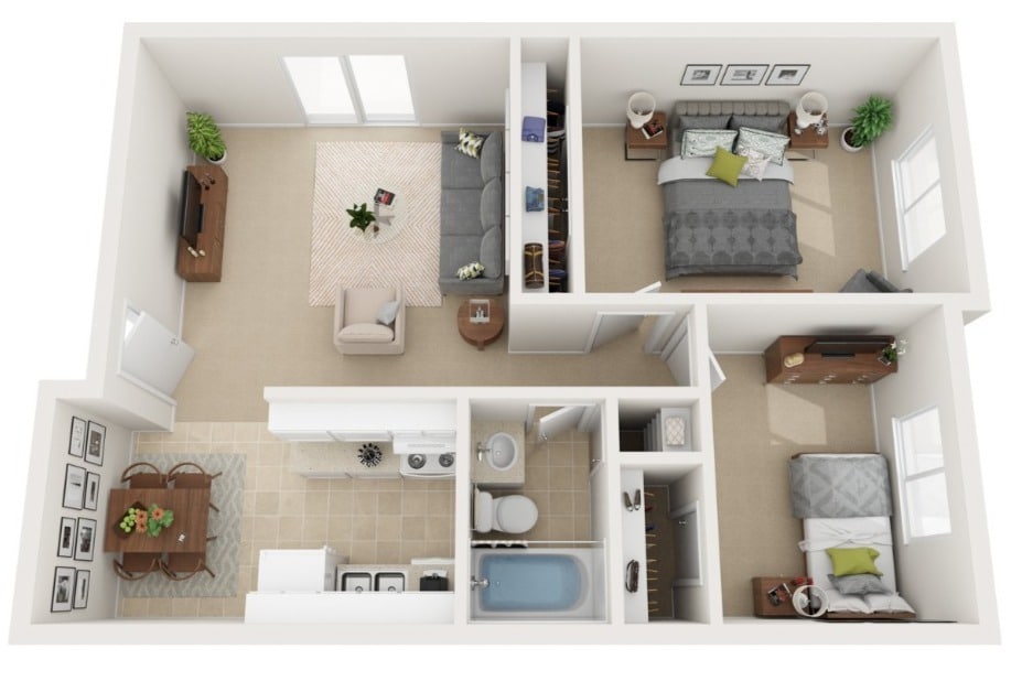 2 Bedroom 1 Bath Floor Plan - The Broadhurst