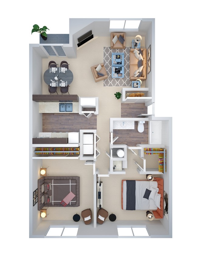 BR_3D_B3_913Sqft.jpg - 2 Bd 1 Bth 913 sf (b3)