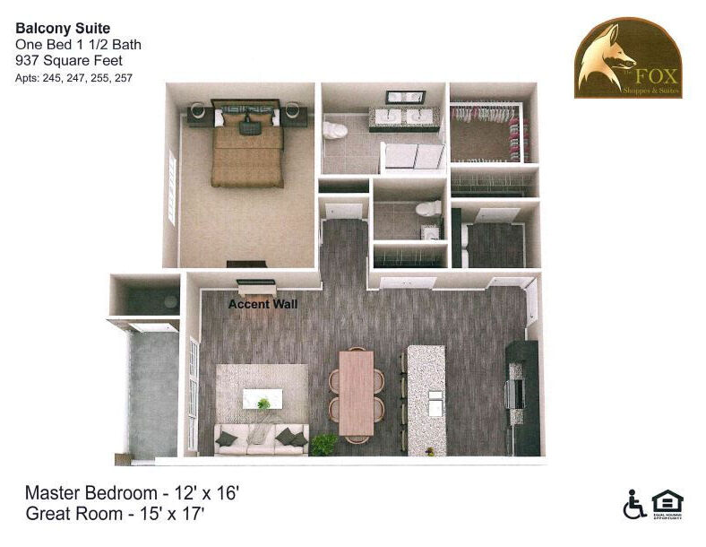 Floor Plan - Fox - 1 Bedroom, 1.5 Bath - 937 Square Feet