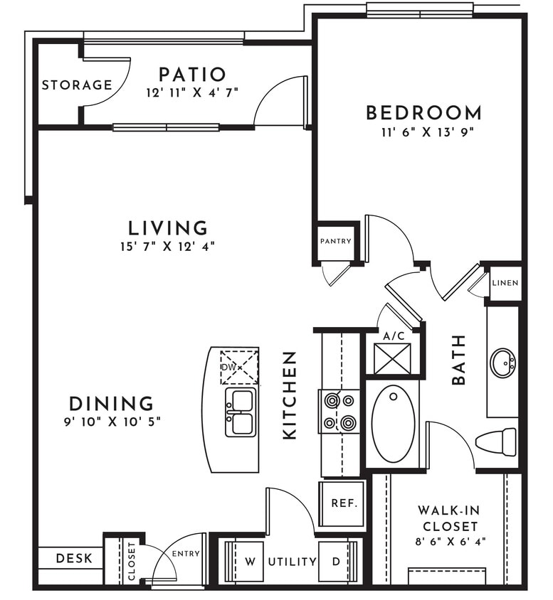 Floor Plan - 1BR 1BA (816 SF)