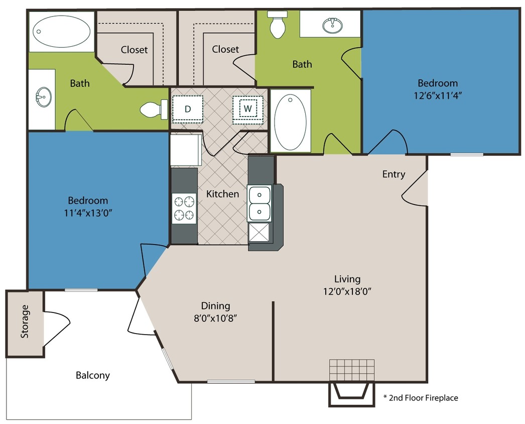 B3 Floor Plan - 2 bedroom 2 bathroom 1016 sq ft