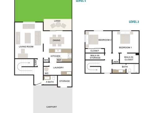 Floor Plan - Mahana 2/1.5 1267sf Townhome