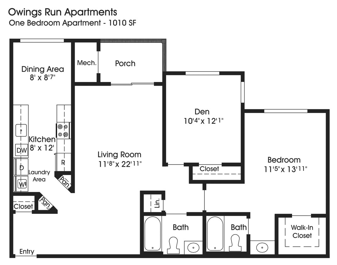 Floor Plan - 1BR 2BA w/Den (1010 sf)
