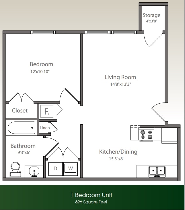 1BR/1BA sqft 696 - Model 1A