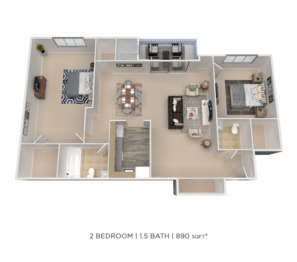 Floor Plan - Two Bedroom 1.5 Bath - 890 sqft