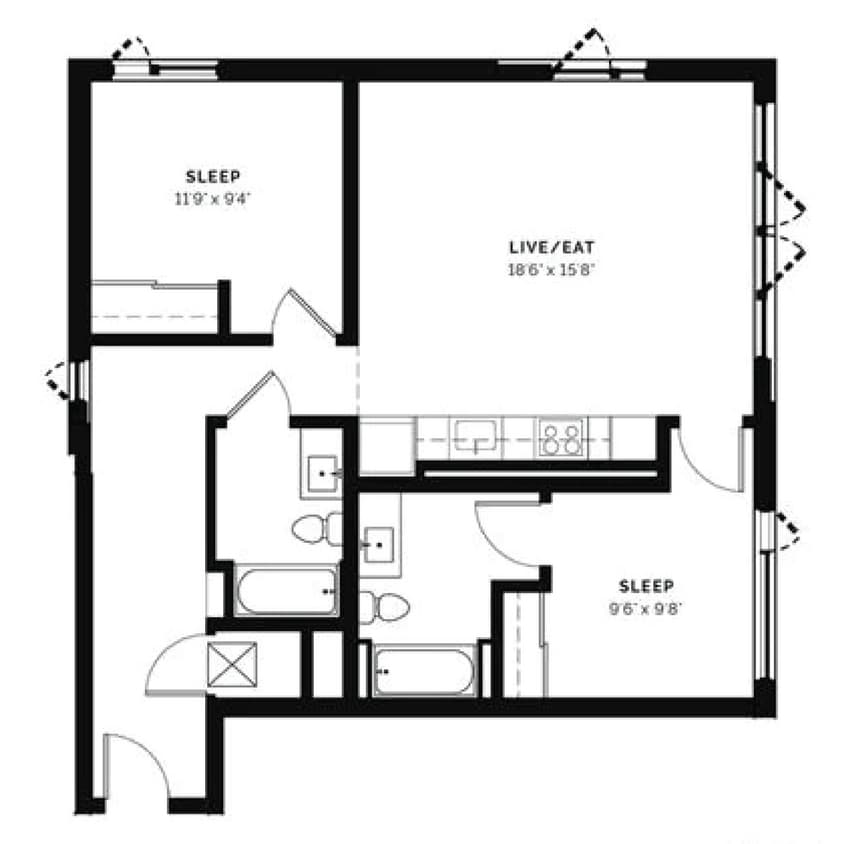 Floor Plan - 2x2 - 993 SF