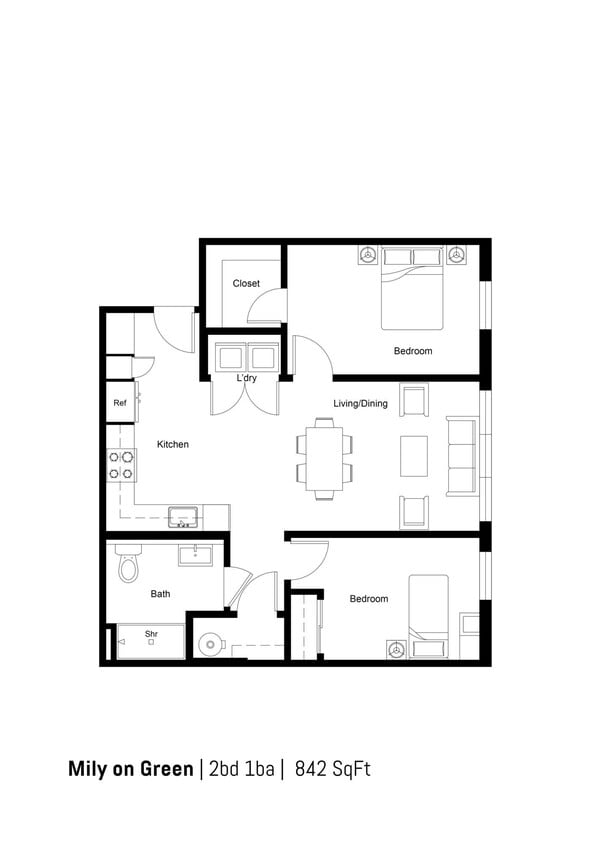 Floor Plan - 2B1B-E 842sf