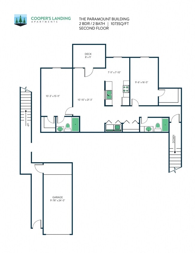 Floor Plan - 2 Bed, 2 Bath - 1073 sq ft