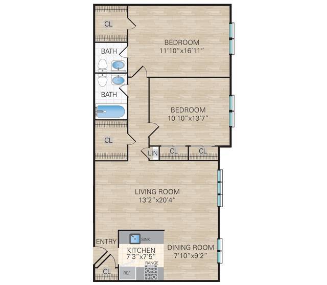 2 Bedroom, 2 Bath. 985 Sq. Ft. - 2 Bedroom, 1.5 Bath Large