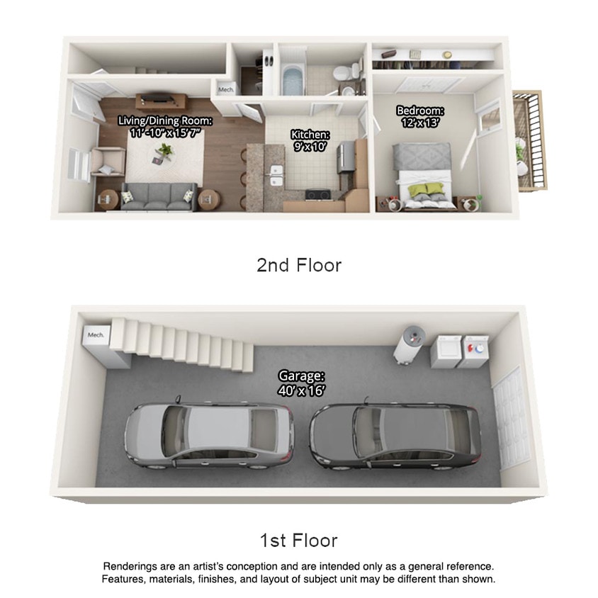 1 bedroom 3D floorplan - 1 Bedroom Townhome