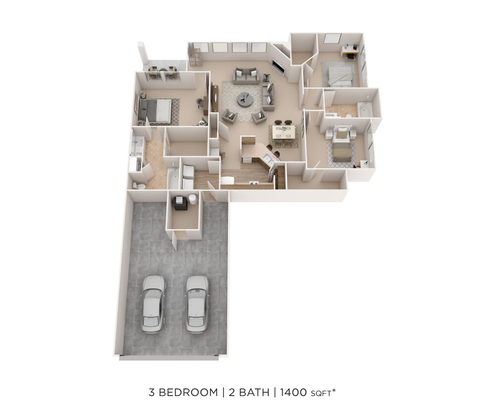 Floor Plan - Three Bedroom 2 Bath- 1400 sqft