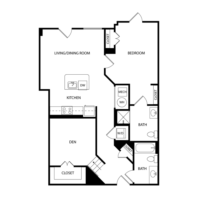 Floor Plan - 1 Bedroom + Den, 2 Bath, 1027 SF | KPE4