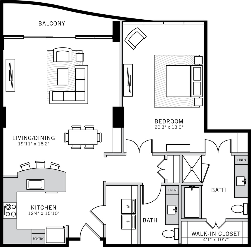 2 bedroom 2 bath apartment with patio, dining area, kitchen island and 1163 sq ft - Penthouse Suite 5