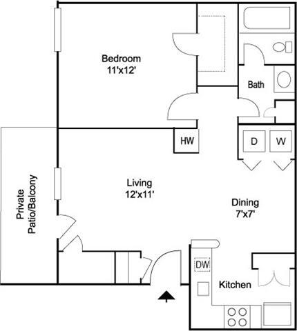 Floor Plan - Courtyard  1BR 1BA 612 sq ft