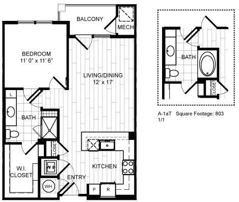 Floor Plan - 1 Bed, 1 Bath - A1a