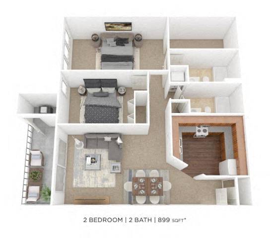 Floor Plan - Two Bedroom 2 Bath - 899 sqft
