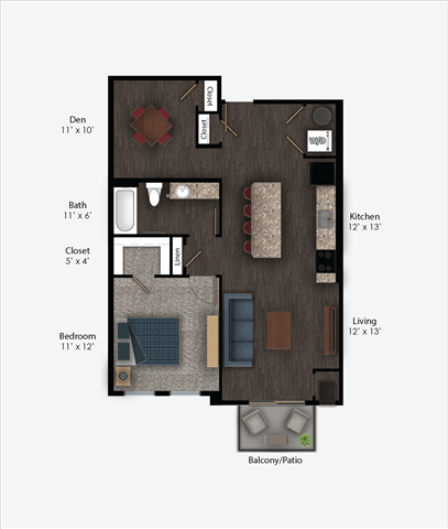 Floor Plan - Franklin Style F – 1BR + Den