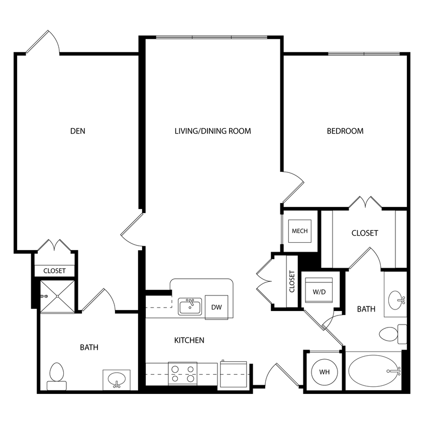 Floor Plan - 1 Bedroom + Den, 2 Bath, 1078 SF | PE7