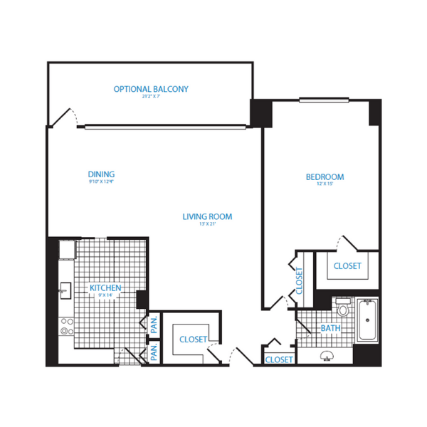 Floor Plan - 1 Bedroom, 1 Bath 960 SF A12
