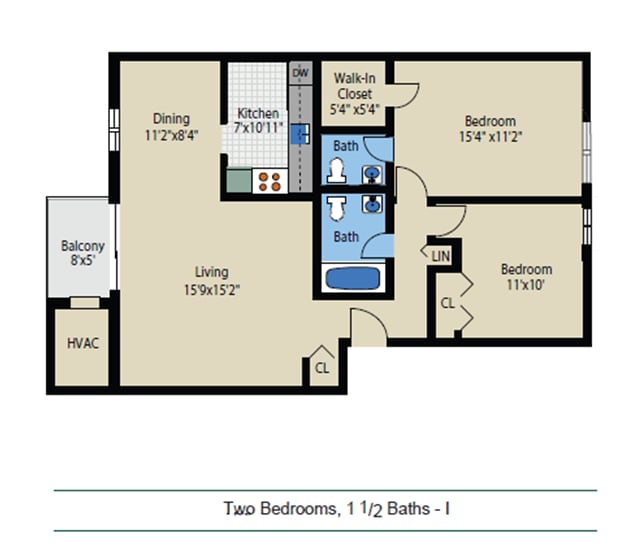 PE - 2B 1.5B BALCONY - TWO BEDROOM/ 1.5 BATH
