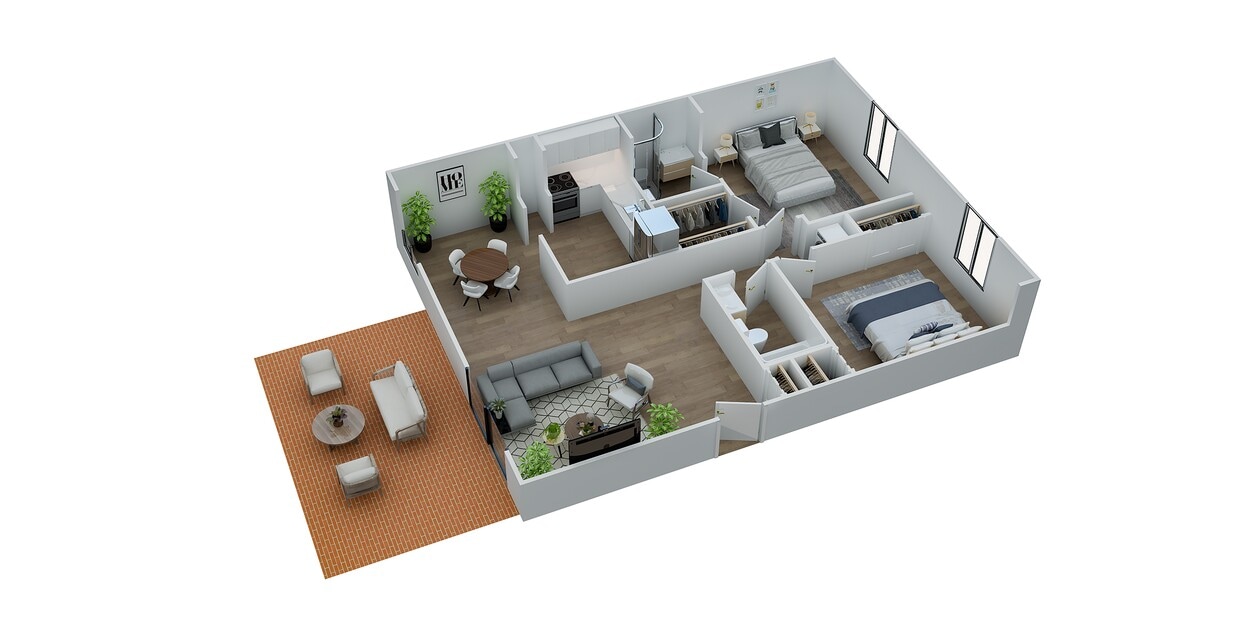 Floor Plan - 2 Bed, 2 Bath (975 Sq. Ft.)