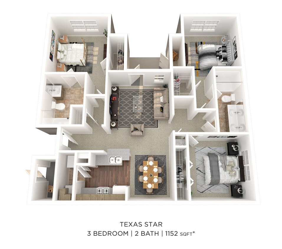 Floor Plan - Three Bedroom 2 Bath - 1,152 sqft
