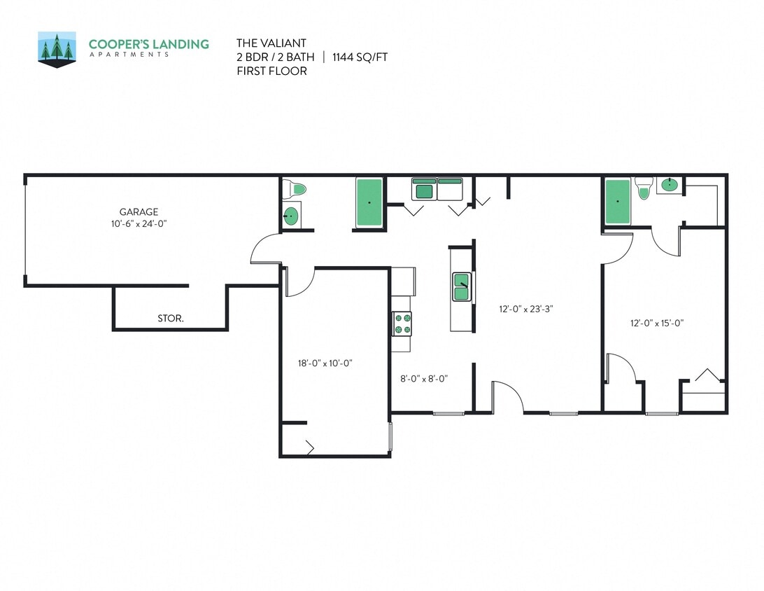 Floor Plan - 2 Bed, 2 Bath - 1144 sq ft