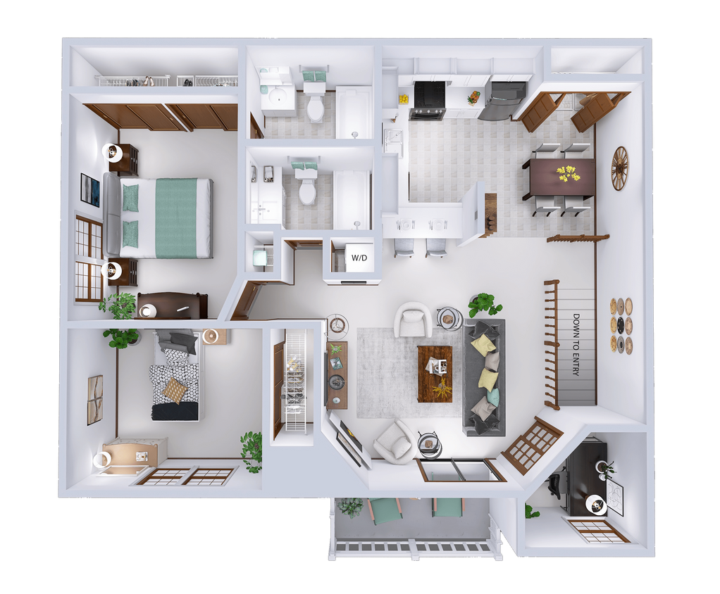 Floor Plan - 2 Bed, 2 Bath Upper w Fireplace and Den