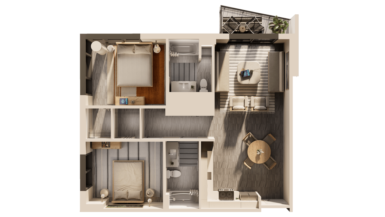 Floor Plan - East 2 BR Balcony Corner Sunset