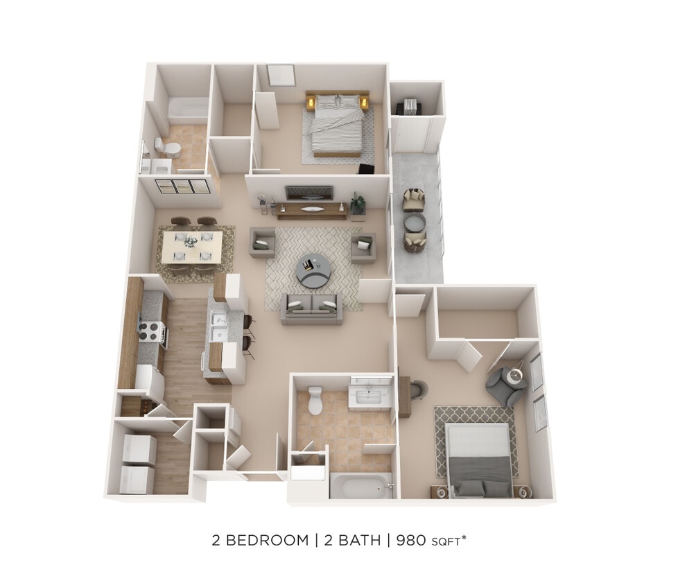 Floor Plan - Two Bedroom 2 Bath- 980 sqft