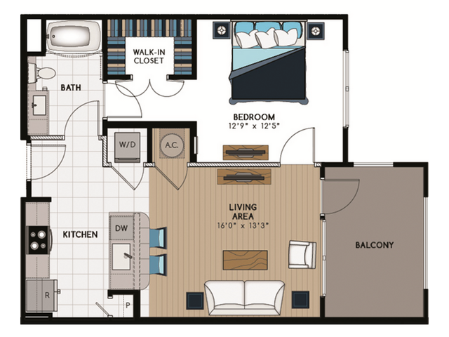 A2 Floorplan - 1 Bed, 1 Bath