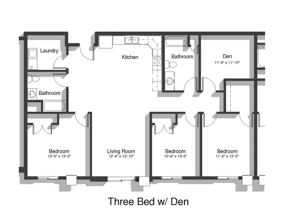 Floor Plan - 3 Bed 2 Bath + Den | 1447 sqft