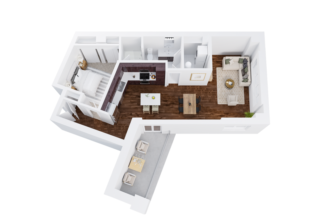 One-Bedroom, One-Bathroom Floor Plan Rendering with Balcony - 1x1 Balcony