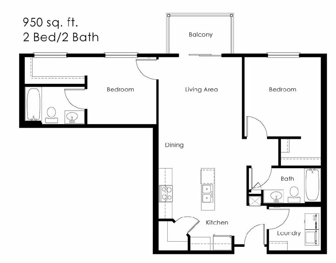 Floor Plan - 2 Bed 2 Bath | 950 sqft