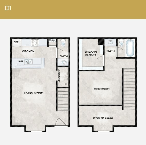 D1 Floor Plan - 1 Bedroom 1.5 Bathroom