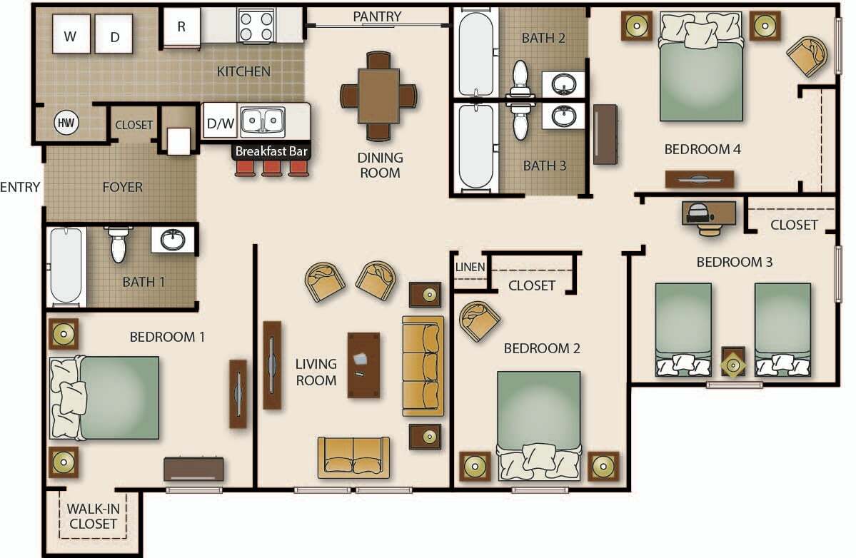 Floor Plan - Four Bedroom Three Bath - Pointe (b)