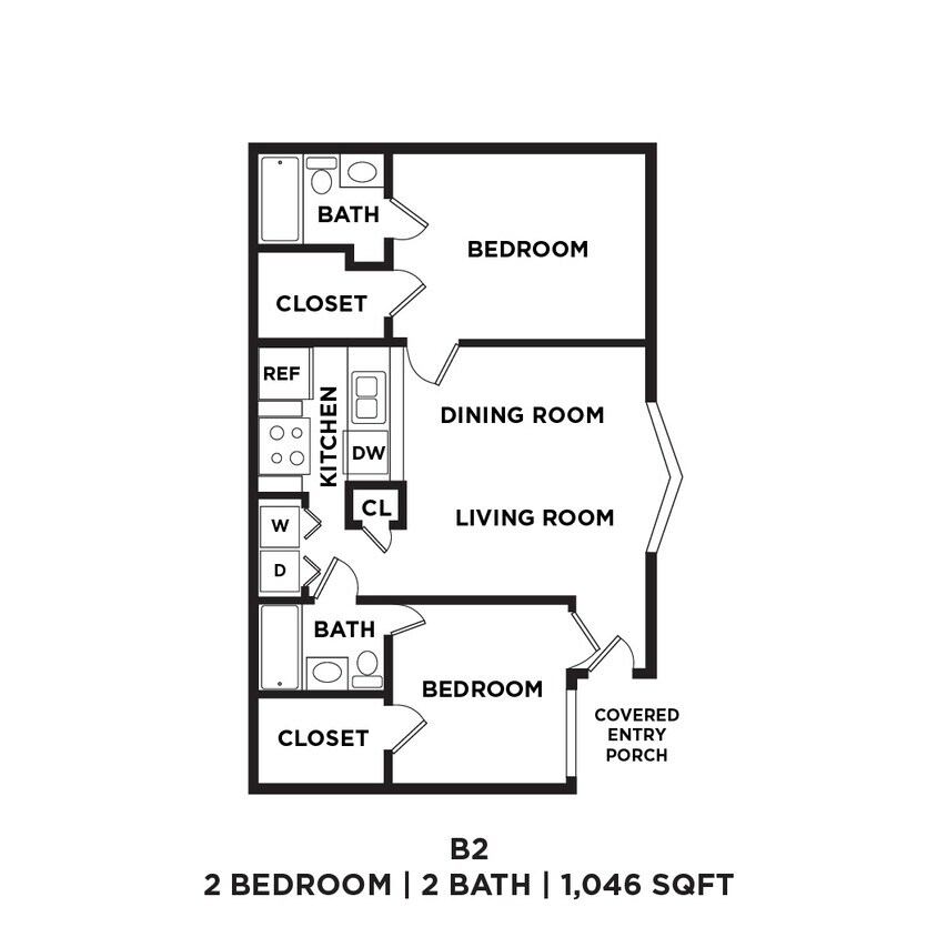 Floor Plan - Two Bed Two Bath 1046 Sqft